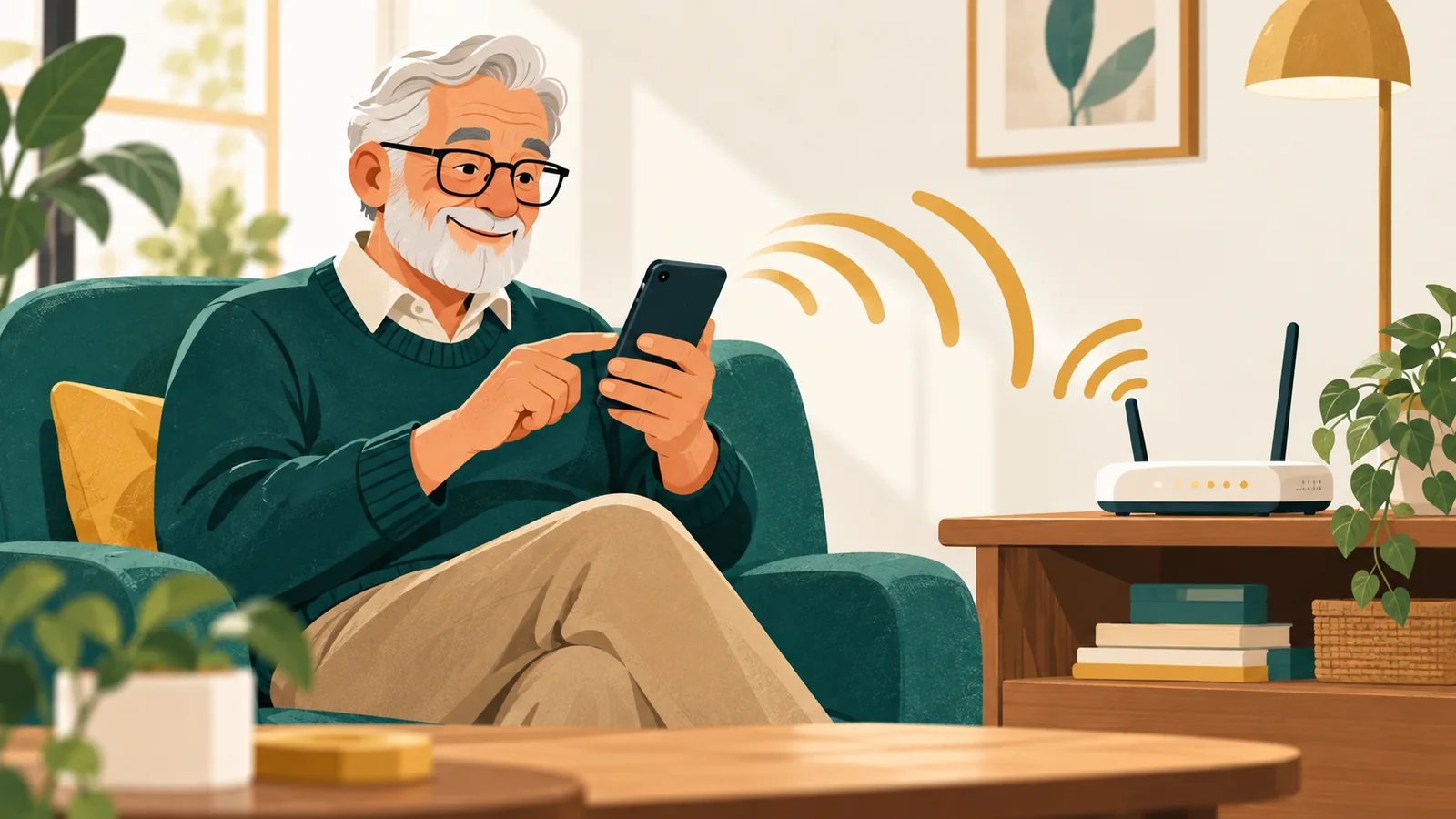 Senior łączy smartfon z domową siecią Wi-Fi