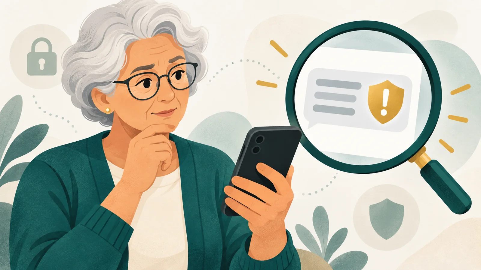 Seniorka sprawdza podejrzaną wiadomość w telefonie